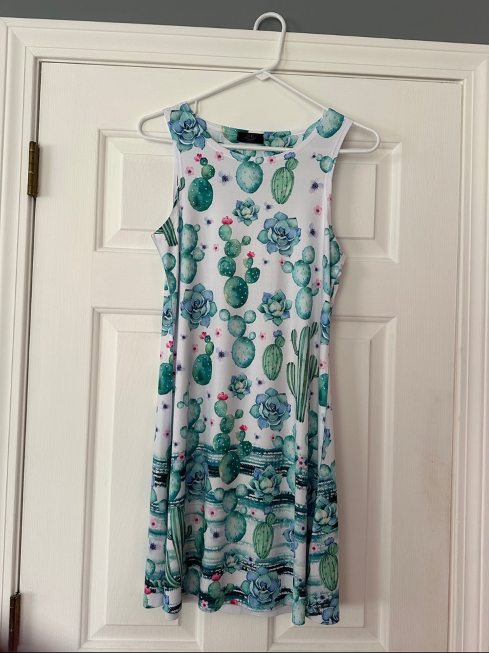 Cactus & Succulent Print Sleeveless Dress - Teal/White